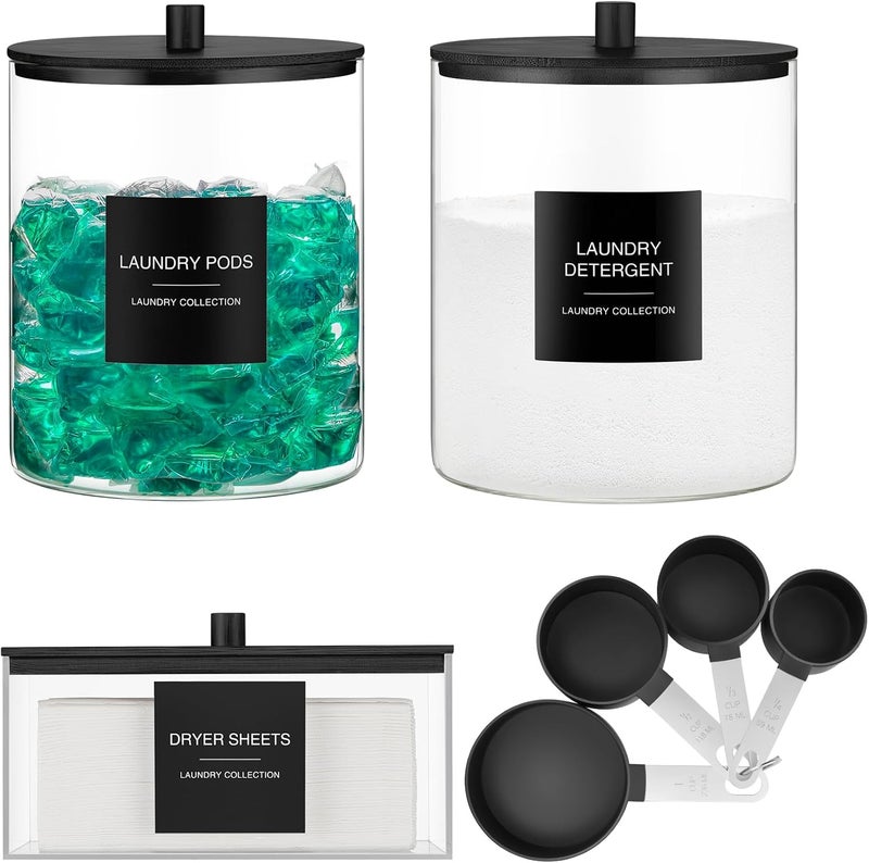TIPGO 3 Pack Glass Jars and Acrylic Dryer Sheet Holder, Laundry Pods Container with Bamboo Lid and Measuring Cups for Laundry Room Organization, Powder Detergent Containers (Black) - Image 1